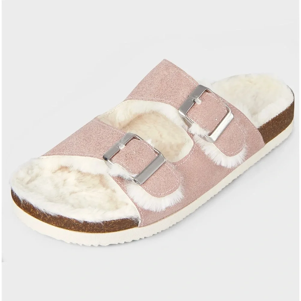 Tween Girls Faux Fur Double Buckle Slides - Pink